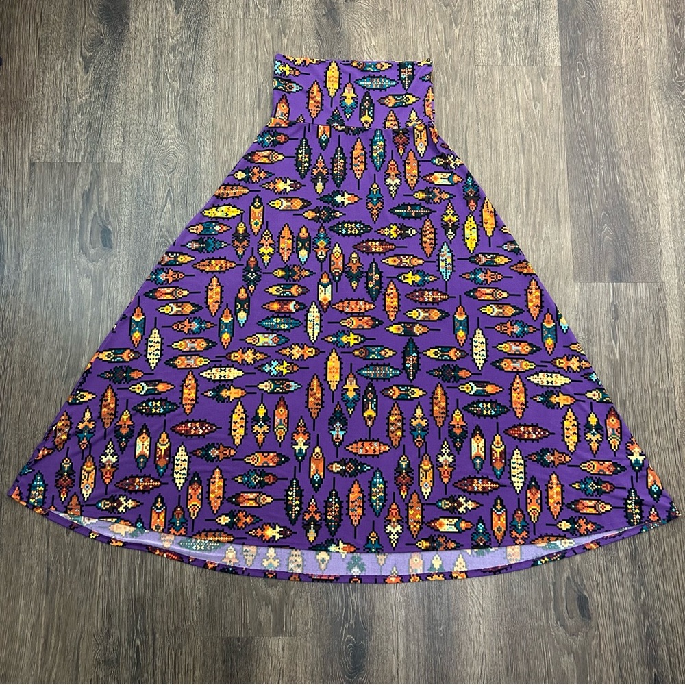 LuLaRoe Maxi Soft Skirt Dress Purple‎ Feathers Tribal Aztec Southwest XS (2-4)